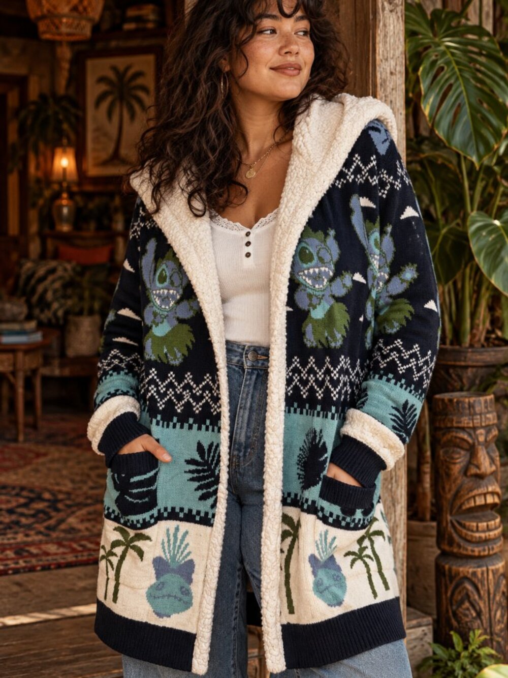 Disney Stitch Tropical Hooded Cardigan Sweater Medium Sherpa Trim Open Front